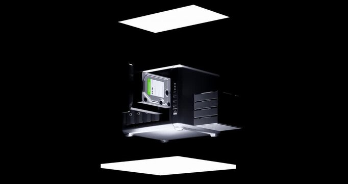 Computer hard disk drives sliding into network attached storage bay hovering over glowing platform in dark space