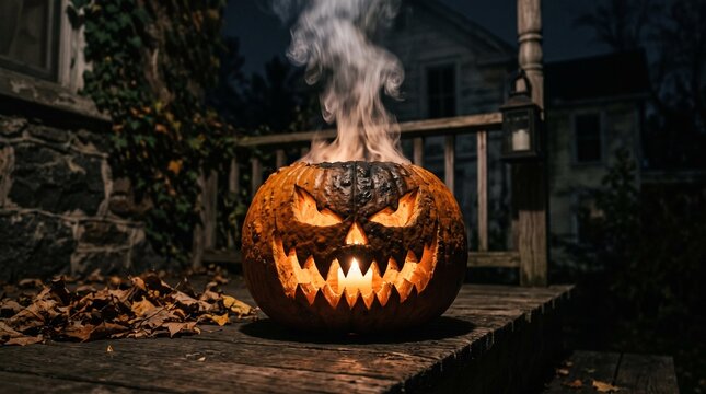 Spooky halloween jack o lantern pumpkin with smoke on porch at night