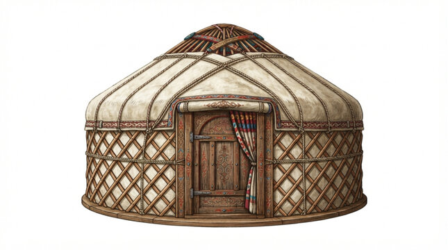 Traditional yurt dwelling illustration with wooden door and lattice structure isolated on white background
