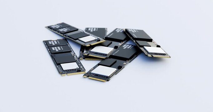 Orbiting camera view around messy pile of artificial intelligence computer solid state drives on clean white background