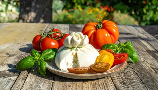 Fresh mozzarella tomatoes and basil on rustic wooden table.