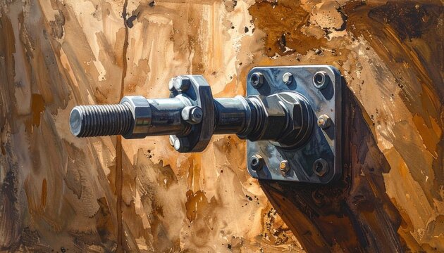 Industrial metal pipe valve in rustic concrete setting.