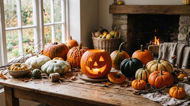 Halloween jack-o-lantern and pumpkins on rustic table by fireplace