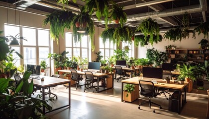 Fototapeta premium Modern Office Space with Hanging Plants and Natural Light.