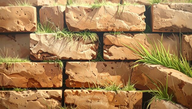 Weathered Stone Brick Wall with Sprouting Grass.