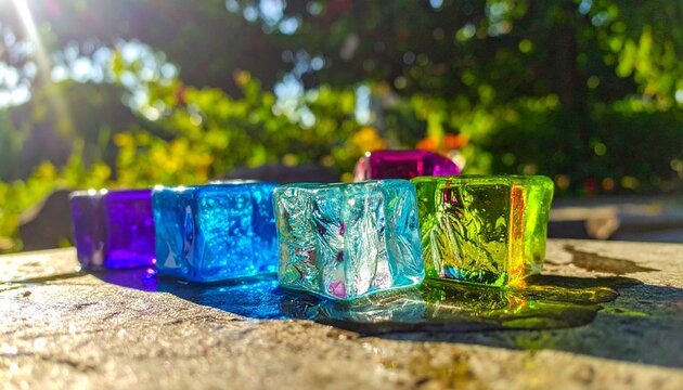 Colorful glass cubes on stone with sunlight and greenery.