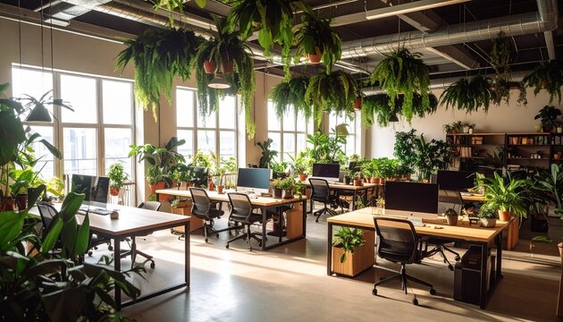 Modern Office Space with Hanging Plants and Natural Light.