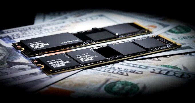 Artificial intelligence solid state drives lying on hundred dollar bills under dramatic lighting showing expensive hardware economy
