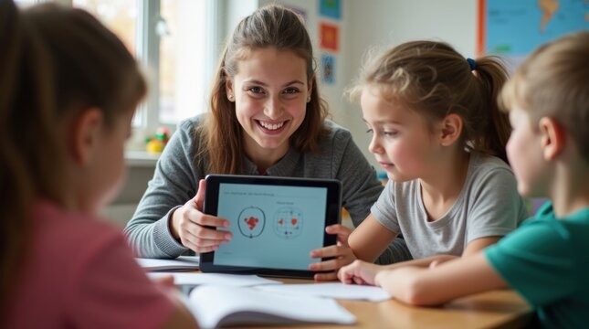 Estudiante que utiliza una tableta de comunicaci&oacute;n mientras colabora con sus compa&ntilde;eros durante una clase de idiomas