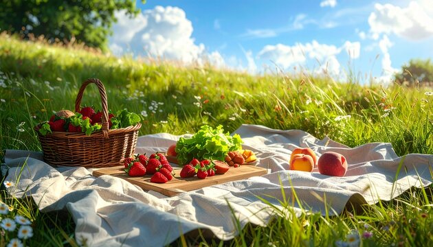 Fresh picnic spread on white blanket in sunny meadow.
