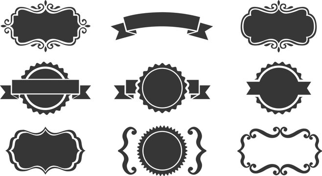 Nine blank black vintage labels badges and ribbon banners vector set