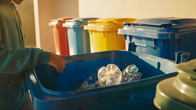 Person sorts plastic bottle into recycling bin at home. Recycling plastic waste in blue bin. Person organizing waste with colorful bin. Sorting bottle for recycling. Waste management at home.