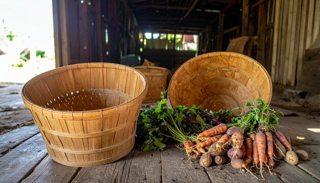 Fresh Carrots in Wooden Bowls on Rustic Table.