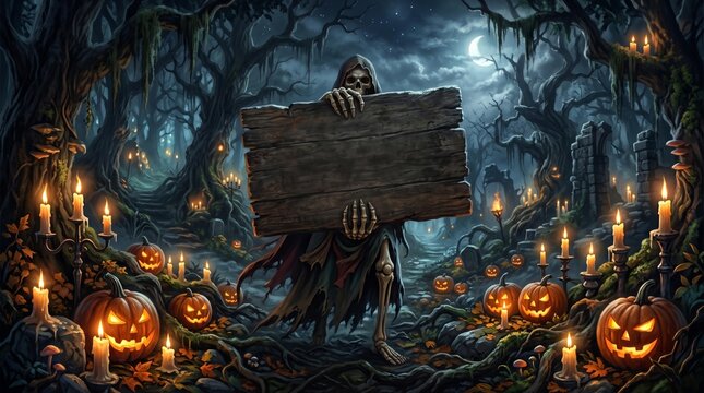 Halloween skeleton holding blank wooden sign in spooky night forest
