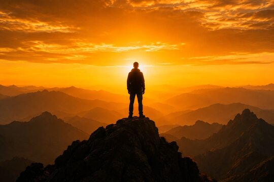 Hiker standing on mountain summit enjoying panoramic view during sunset