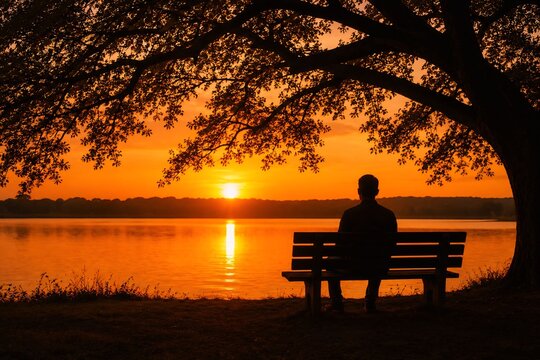 Silhouette of a man sitting on a wooden bench under tree by calm lake