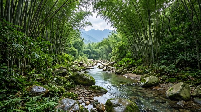 Lush bamboo forest river landscape, tropical jungle stream with green bamboo trees, serene mountain valley river scenery