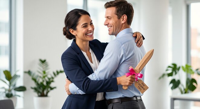 Smiling business colleagues embracing while one secretly holds a ribbon-wrapped wooden dagger featuring &ldquo;YOU DESERVE THIS&rdquo; against a modern minimalist office