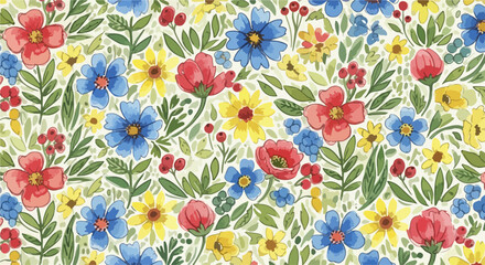 Naklejka premium Beautiful Watercolor Garden Pattern with Fresh Flower Motifs