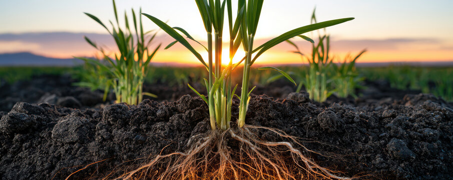 Young green wheat plant with visible roots growing in fertile soil at sunset with mountain background and clear sky