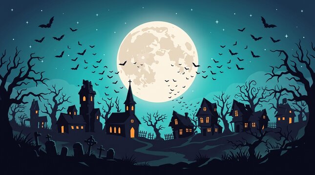 Spooky halloween village silhouette under a glowing full moon