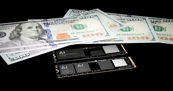 Artificial intelligence computer solid state drives and hundred dollar bills showing expensive hardware inflation