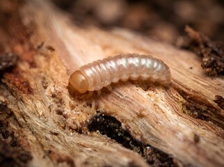 Naklejka premium Close Up of Wood Boring Beetle Larva Eating Damaged Wood
