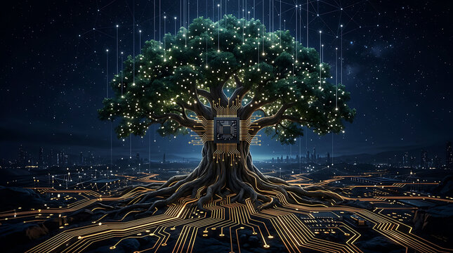 Digital tree of life with circuit board roots and microchip processor
