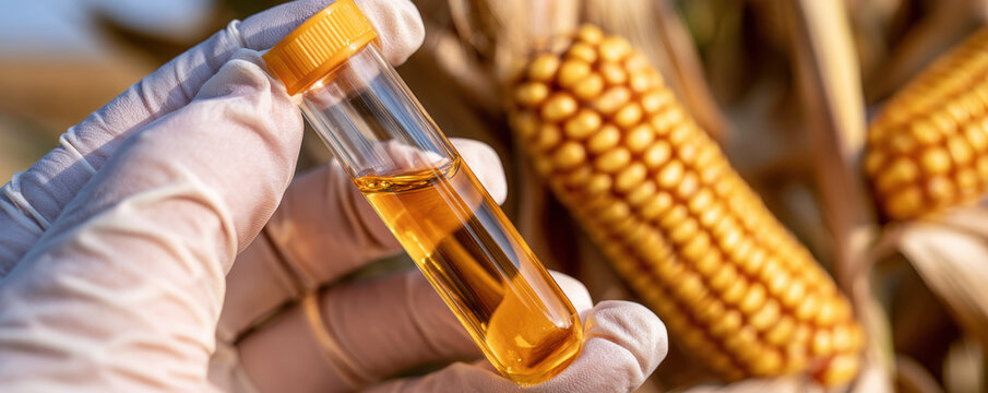 Biofuel in test tube held by hand with glove, corn cob in background, renewable energy concept with warm natural light