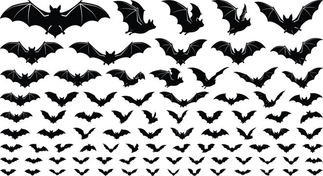 Large Halloween spooky bat silhouettes collection with black flying vampire bats for horror party decoration and scary backdrop vector set