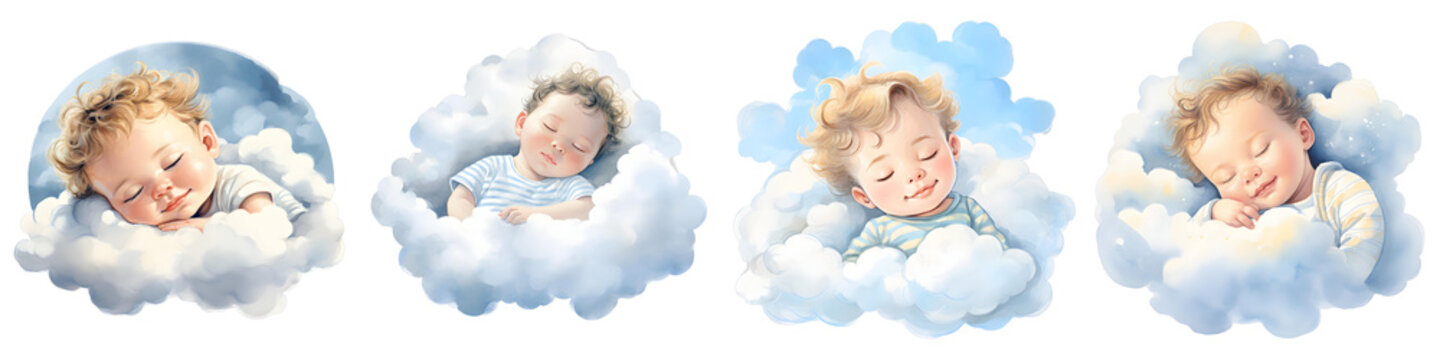 Four illustrations of a sleeping baby nestled in a cloud of fluffy white vapor and gentle blue hues