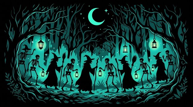 Halloween witches and skeletons silhouettes in spooky teal forest
