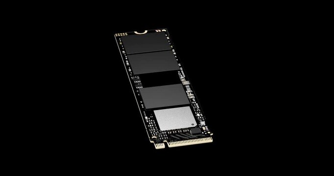 Orbiting camera view around modern computer solid state drive in dark space showing premium storage hardware