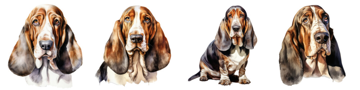 Watercolor painting depicting a composition of four basset hound dogs on a black background