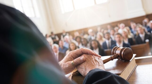Legal Authority and Justice Concept with Judge Gavel on Desk and Public in Courtroom