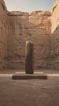 Ancient stone stands tall in sunlit desert chamber