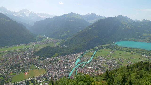 High-angle view of the town of interlaken nestled between lake thun and lake brienz in switzerland. Switzerland