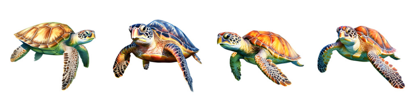 Four sea turtles of different colors swimming in the ocean on a black background