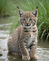 Obraz premium A stream toned glowing mist shrouded balkan lynx kitten in emerald landscape.