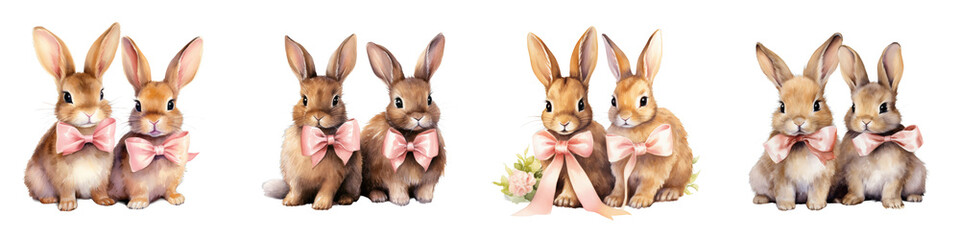 Fototapeta premium watercolor easter bunnies wearing pink bow ties for easter and spring designs and decorations