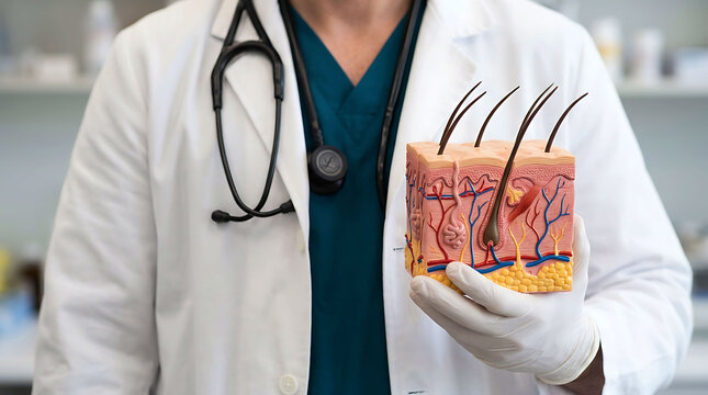 Dermatologist holding human skin and hair follicle anatomy model in clinic