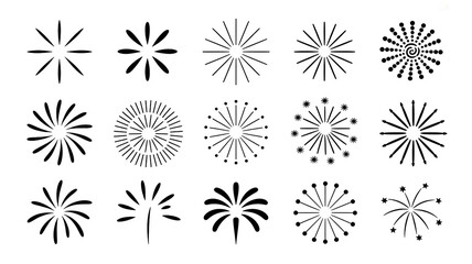Obraz premium A collection of 15 black and white firework burst icons and starburst shapes for celebration and holiday design elements