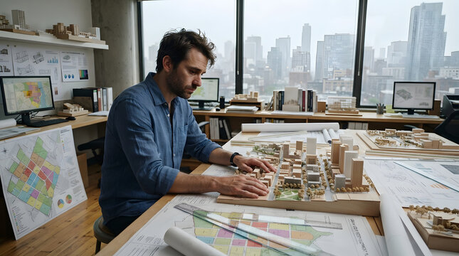 An architect meticulously arranges wooden building models on a desk, surrounded by blueprints and cityscapes, envisioning urban development projects.