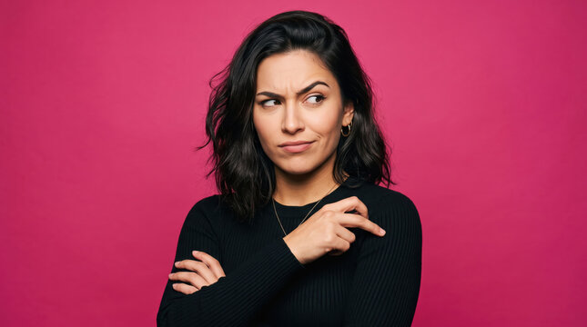Judgmental woman giving skeptical side eye on pink background.