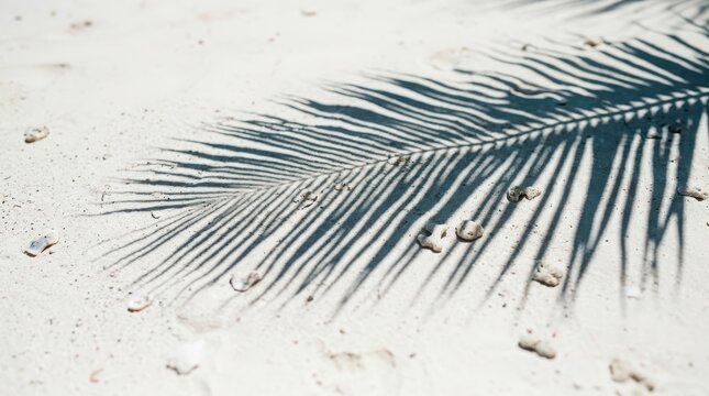 Natural abstract background of a palm tree shadow with long striped patterns on bright sandy beach with small seashells.