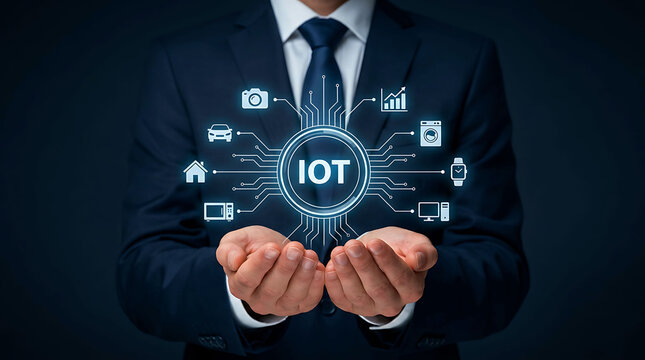 Businessman holding internet of things iot smart devices network technology