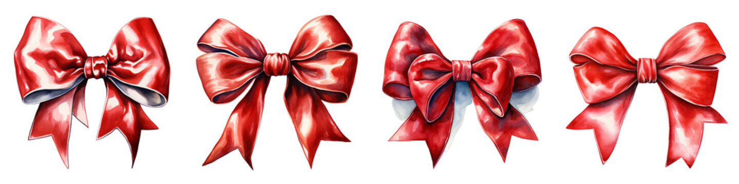 Watercolor illustration shows the set of festive red bows on a black background