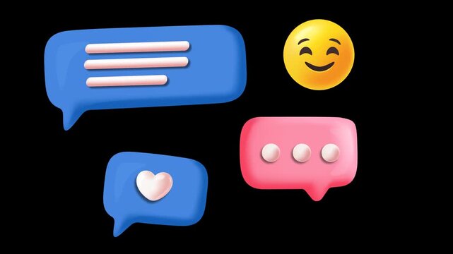 Animated 3D chat bubbles with message lines, heart, dots and smiling face, isolated with alpha channel for messaging, communication and social media concepts