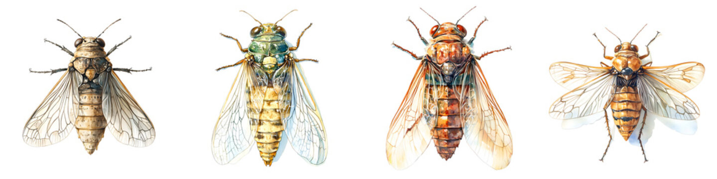 Various cicada species are displayed in a digitally generated watercolor painting style