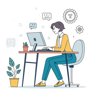 Woman programmer cartoon drawing working on desktop computer at desk flat line vector illustration design.